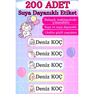 200 Adet Suya Dayanıklı Kişiye Özel Unicorn Temalı Okul Etiketi- Defter Kalem Kitap Suluk Için Sticker