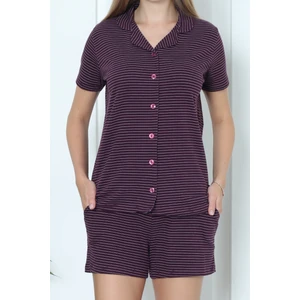 Kadın Şortlu Pijama Takımı Kısa Kollu Düğmeli Cepli Mürdüm Çizgili