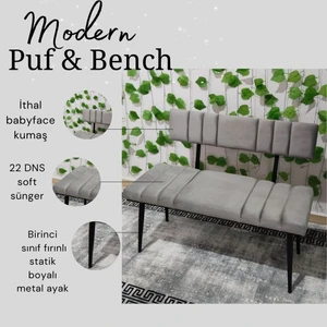 Özcan Mobilya Aksesuar Siyah Metal Ayaklı Metal Kasalı Sırtlı Mutfak Salon Antre Yatak Odası Balkon Puf Bank Bench Oturak