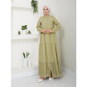 Dantelli Doğal Kumaşlı Boydan Düğmeli Kot Elbise