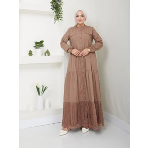 Dantelli Doğal Kumaşlı Boydan Düğmeli Kot Elbise