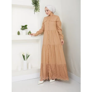 Dantelli Doğal Kumaşlı Boydan Düğmeli Kot Elbise