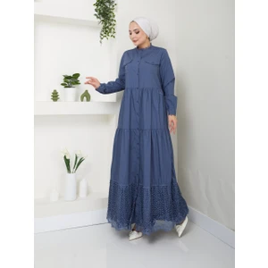 Dantelli Doğal Kumaşlı Boydan Düğmeli Kot Elbise