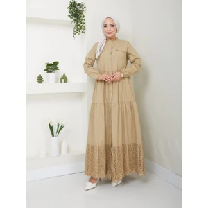 Dantelli Doğal Kumaşlı Boydan Düğmeli Kot Elbise