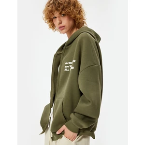 Oversize Fermuarlı Sweatshirt Kapüşonlu Cep Detaylı Baskılı Ribanalı Şardonlu