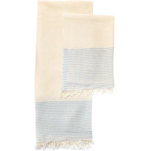 Ekru Renk Mavi Çizgili Pamuk Peşkir ve Peştemal Seti