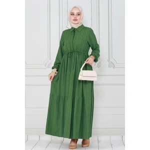 Gömlek Yaka Beli Tünelli Sare Elbise-Yeşil