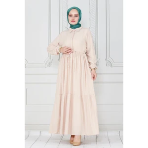 Gömlek Yaka Beli Tünelli Sare Elbise-Bej