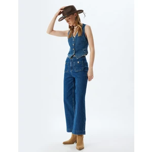 Yüksek Bel Kot Pantolon Geniş Kısa Paça Düğmeli Cep Detaylı - Culotte Jean