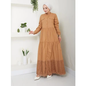 Dantelli Doğal Kumaşlı Boydan Düğmeli Kot Elbise