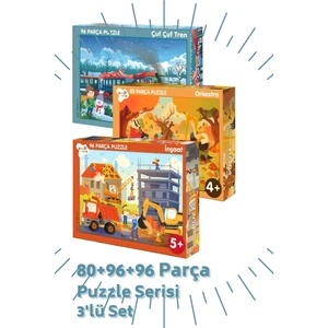 80-96-96 Parça Puzzle 3'lü Set Orkestra - Çufçuf Tren - Inşaat