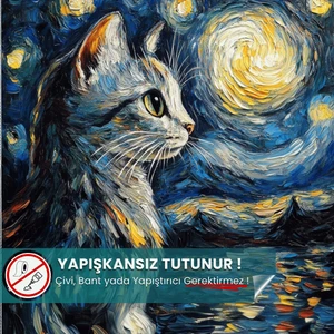 Pi Papers Yıldızlı Gece Kedi Posteri, Akıllı Kağıt Premium Eşsiz Tasarım Poster, Van Gogh Tablo,duvar Posteri