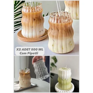 Mis Kitchen 2 Adet Iskandinav Şekli Kahve Bardağı Seti Cam Pipetli - Soğuk, Sıcak Kahve Sunum Bardağı