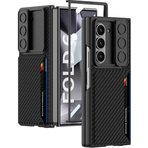 M.TK Moveteck Samsung Galaxy Z Fold 6 Kılıf Kamera Lens Korumalı Sürgülü Kartlıklı Cüzdanlı Karbon Kaplama Gizli Bölme