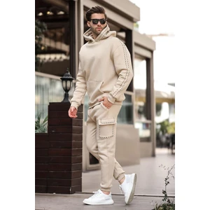 Bej Erkek Kapüşonlu Paçası Lastikli Eşofman Takımı 5957