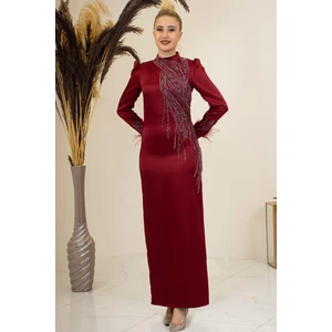 Önü Boncuk Aplik Işleme Kolları Tüylü Nara Tesettür Abiye Bordo