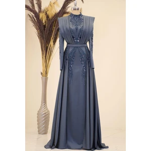 Önü Drapeli Kuyruklu Boncuk Işlemeli Miranda Tesettür Abiye Antrasit