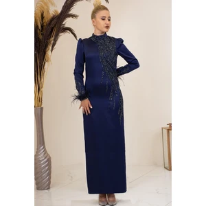 Önü Boncuk Aplik Işleme Kolları Tüylü Nara Tesettür Abiye Lacivert