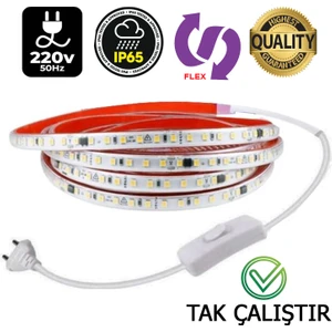 Elektroled Market 220V Şerit LED 120 Ledli Yüksek Işık Fişli Anahtarlı Tak Çalıştır Dış Mekan Yapışkanlı
