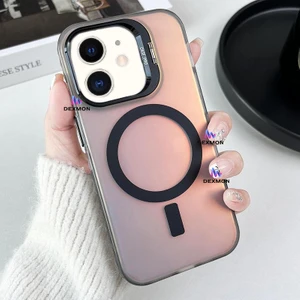 iPhone 11 Uyumlu Kılıf + Lens Koruyucu Set Standlı Arkası Hologramlı Mat Kamera Standlı