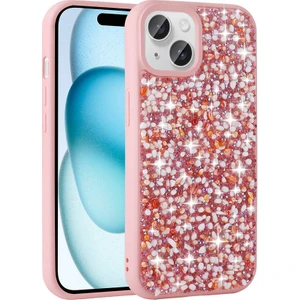 Apple iPhone 15 Plus Kılıf Parlak Taşlı Tasarım Linea Kapak-Pembe
