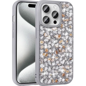 Apple iPhone 15 Pro Max Kılıf Parlak Taşlı Tasarım Linea Kapak-Gümüş