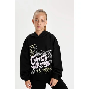 Kız Çocuk Siyah Oversize Geniş Kalıp Kapüşonlu Baskılı Sweatshirt D0614A824AU