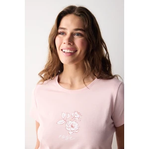 Pamuklu Rosy Striped Gül Kurusu Pembe Pantolon Pijama Takımı