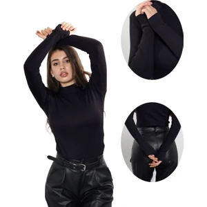 ALYA UNDERWEAR Kaşkorse Yarım Boğazlı Body Sweatshirt, Siyah