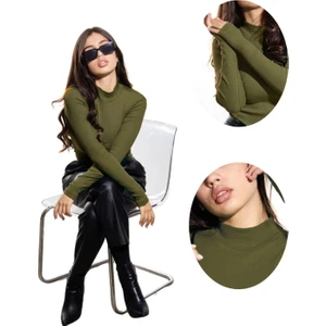 ALYA UNDERWEAR Kaşkorse Yarım Boğazlı Body Sweatshirt, Asker Yeşili