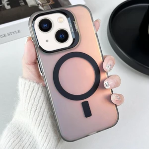 iPhone 15 Uyumlu Kılıf + Lens Koruyucu Set Standlı Arkası Hologramlı Mat Kamera Standlı