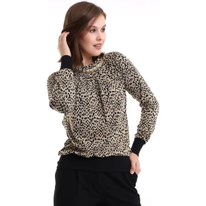 Vista Kadın Yumuşak Dokulu Reglan Uzun Kollu Yaka Zincir Aksesuar Leopar  Desen Jakar Örme Bluz