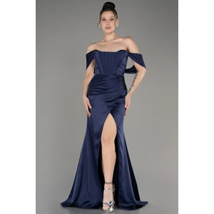 Bacak Dekolteli Kayık Yaka Uzun Saten Abiye ABU3964