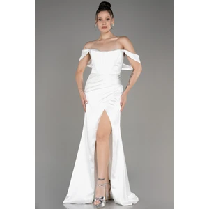 Bacak Dekolteli Kayık Yaka Uzun Saten Abiye ABU3964