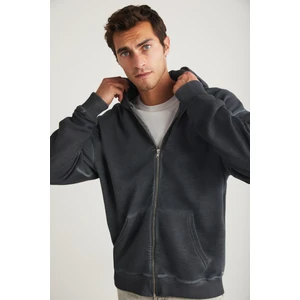 Hendrick Erkek Kapüşonlu içi Polarlı Yan Cepli Fermuarlı Yıkamalı Koyu Gri Sweatshirt