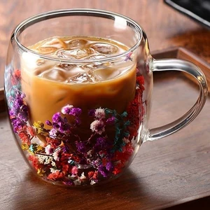 Çift Cidarlı 250ML Kulplu Cam Kupa 2'li - Çiçekli