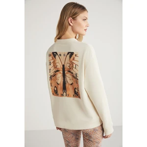 Hetty Kadın Bisiklet Yaka %100 Pamuk Uzun Kollu Ön ve Sırt Baskı Detaylı Vanilya Sweatshirt
