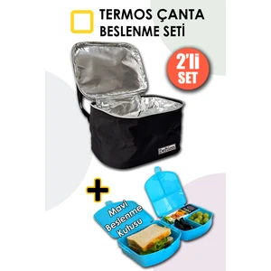 Premium Termoslu Beslenme Çantası Termal Termos Çanta ve 4 Bölmeli Yemek Kutusu Mavi