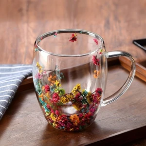Çift Cidarlı 350ML Kulplu Cam Kupa 2'li - Çiçekli