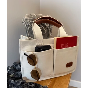 Kadın Kanvas Kumaş Beyaz Renk Iki Adet Ön Cepli Tote Bag El ve Omuz Çantası