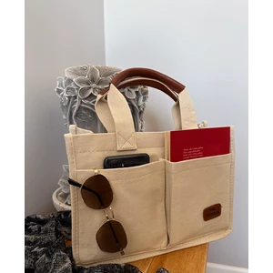 Kadın Kanvas Kumaş Krem Renk Iki Adet Ön Cepli Tote Bag El ve Omuz Çantası