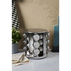 Metal Döner Standlı Yuvarlak Cam Metal Kapaklı Casa Inox 12`li Standlı Baharatlık Seti