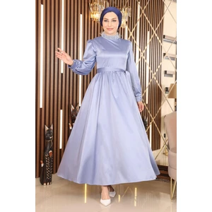 Tüy Detaylı Saten Abiye Mavi 19123