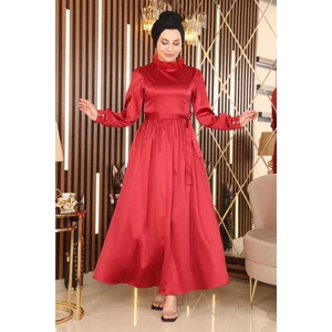 Tüy Detaylı Saten Abiye Kırmızı 19123