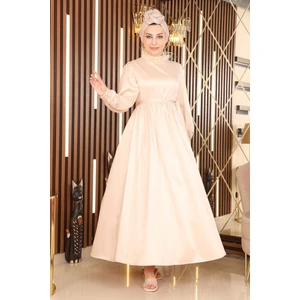 Tüy Detaylı Saten Abiye Bej 19123