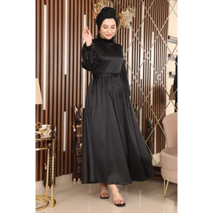 Tüy Detaylı Saten Abiye Siyah 19123