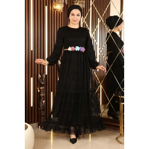 Missvalle Dantelli Kemeri Çiçekli Elbise Siyah 10242