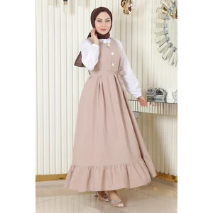 Eteği Pileli Kemerli Jile Takım Bej 19221