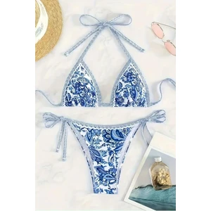 Bella Notte Desenli Mavi Üçgen Bikini Seti