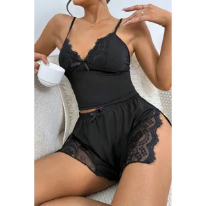 Bella Notte Siyah Yırtmaçlı Şort Gecelik Takım